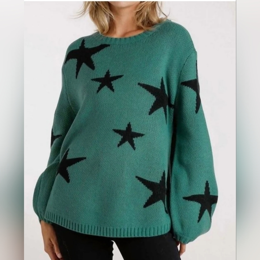 Umgee Steller Star Puff Sleeves Oversized Sweater